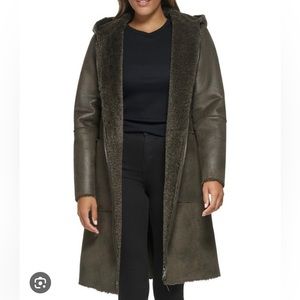 DKNY faux shearling coat jacket faux fur hooded dark olive XL